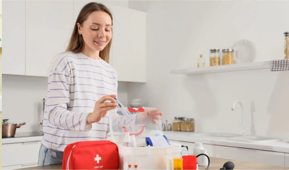 Woman organizing a first aid kit.