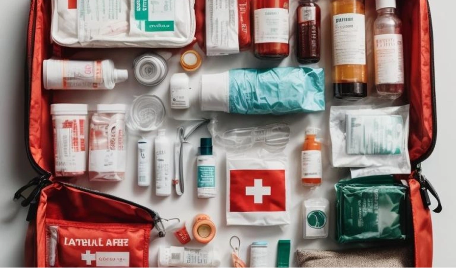 First aid kit with medical supplies displayed.